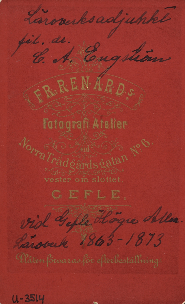 Läroverksadjunkt fil. dr. C. A. Engström.
Vid Gefle Högre allmänna Läroverk 1864-1873.