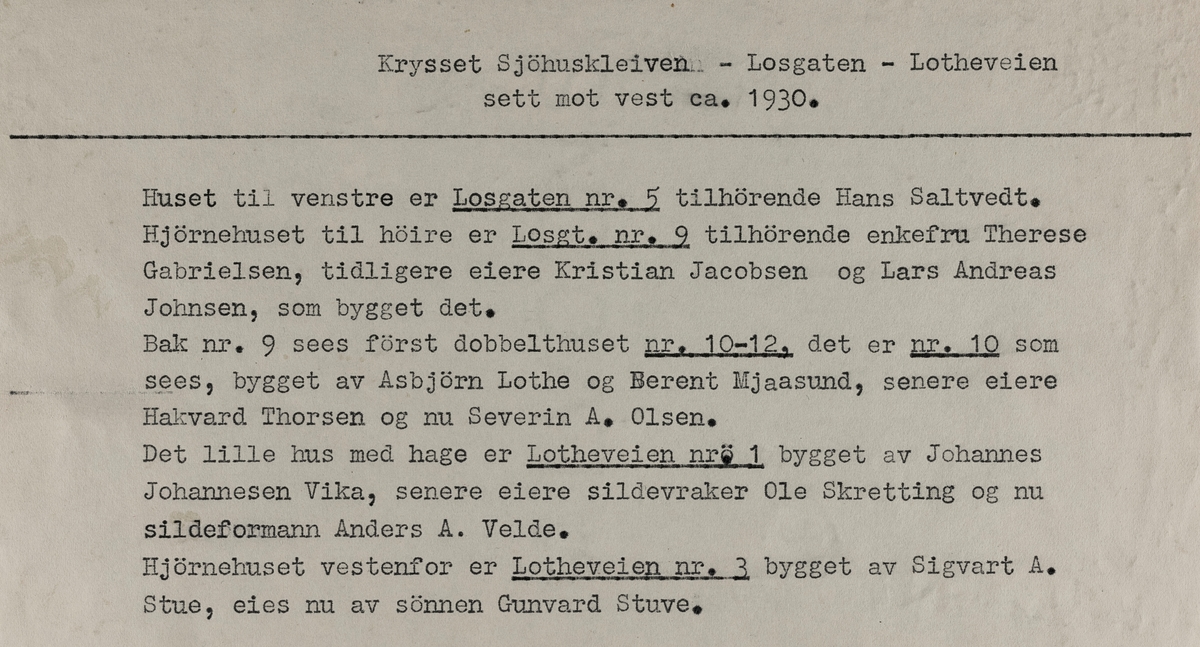 Krysset Sjøhuskleiven - Losgaten - Lotheveien sett mot vest, ca. 1930.