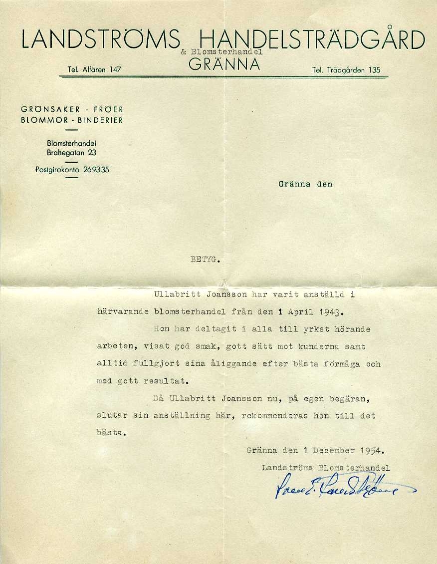 Två brevpapper med brevhuvud: "Landströms Handelsträdgård Gränna" kompletterad från skrivmaskin: "Landströms Blomsterhandel". Betyg för Ulla-Britt Johansson. Daterade 1 april 1948 respektive 1 december 1954. Det senare signerat: "Sven E Landström"