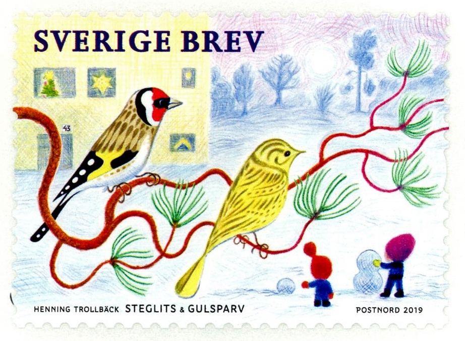 Frimärken i rulle med 100 självhäftande frimärken med ett motiv av två småfåglar; steglits och gulsparv. Valör Brev.
