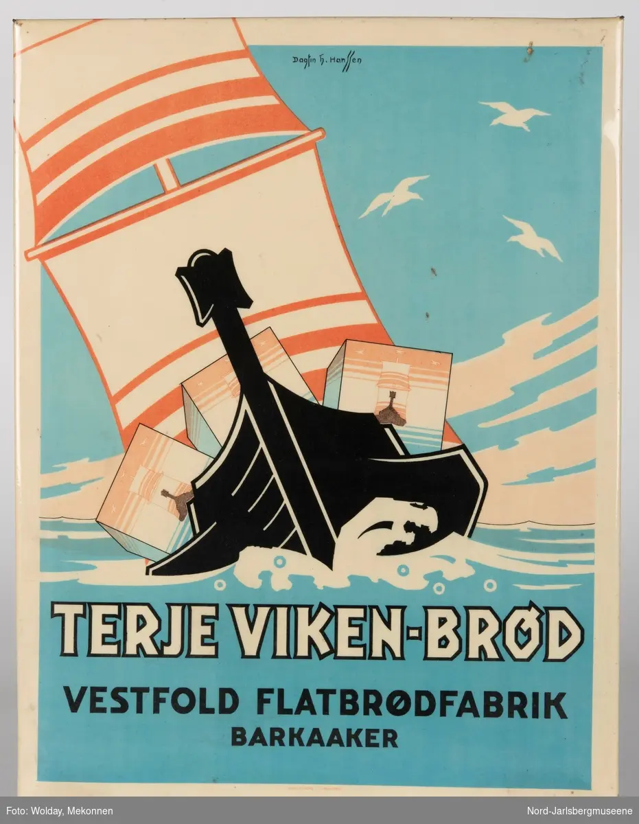 Plakat med bilde av en seilbåt (vikingbåt) i fart fylt med Terje Viken- brød