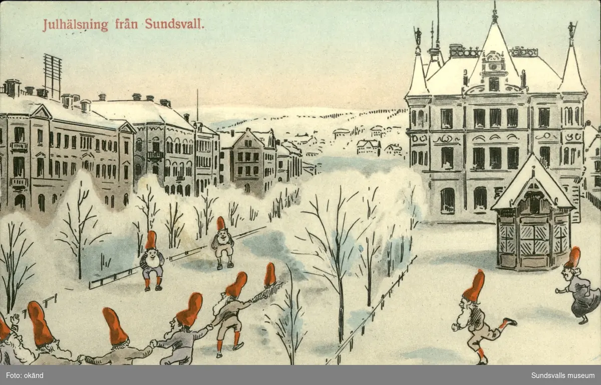 Vykort med motiv  av tecknade tomtar som dansar på Esplanaden och texten: Julhälsning från Sundsvall.