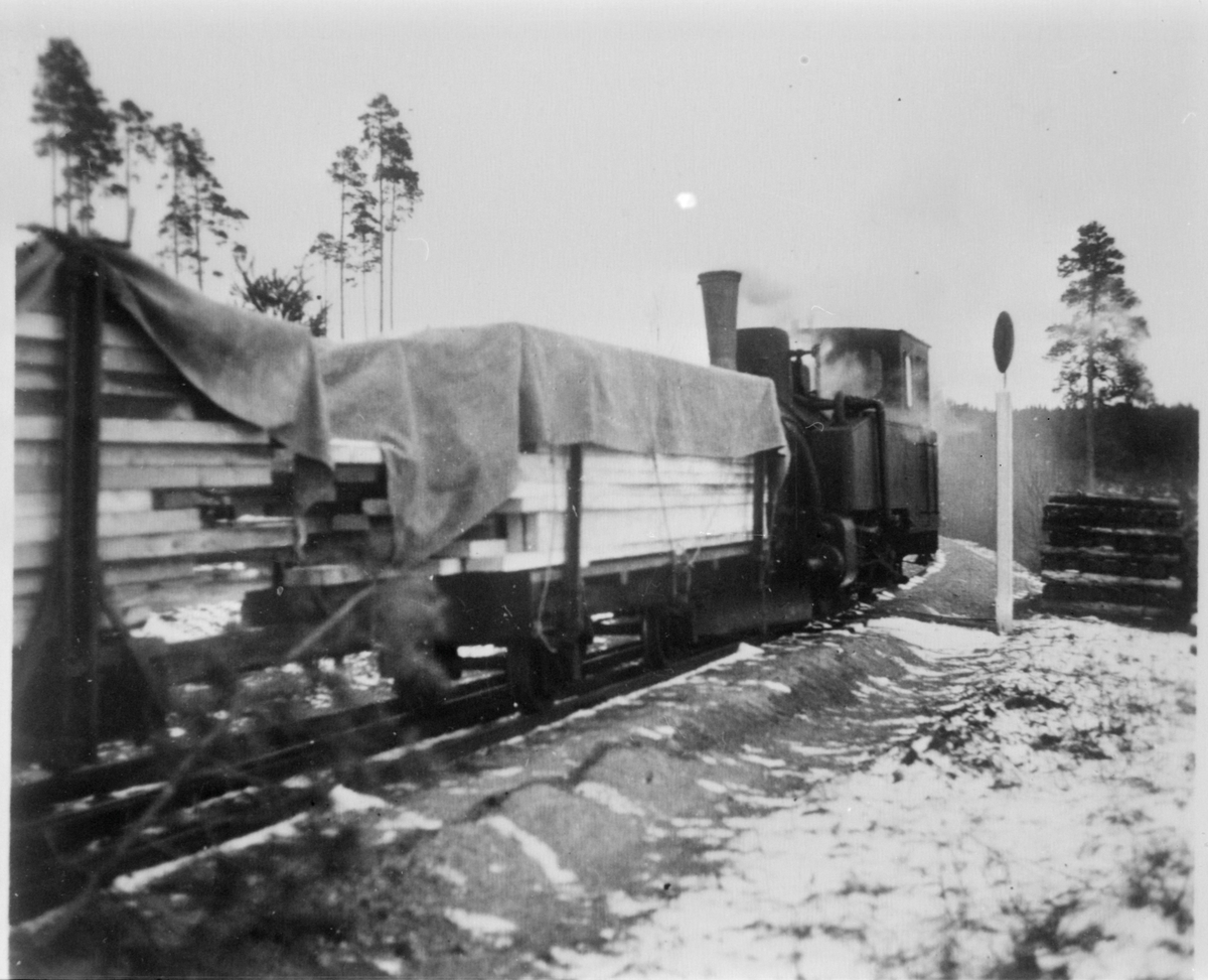 Stafsjö Järnväg timmervagnar med virkeslast,  med lok 3 "Kolmården" lämnar Virlångshult.