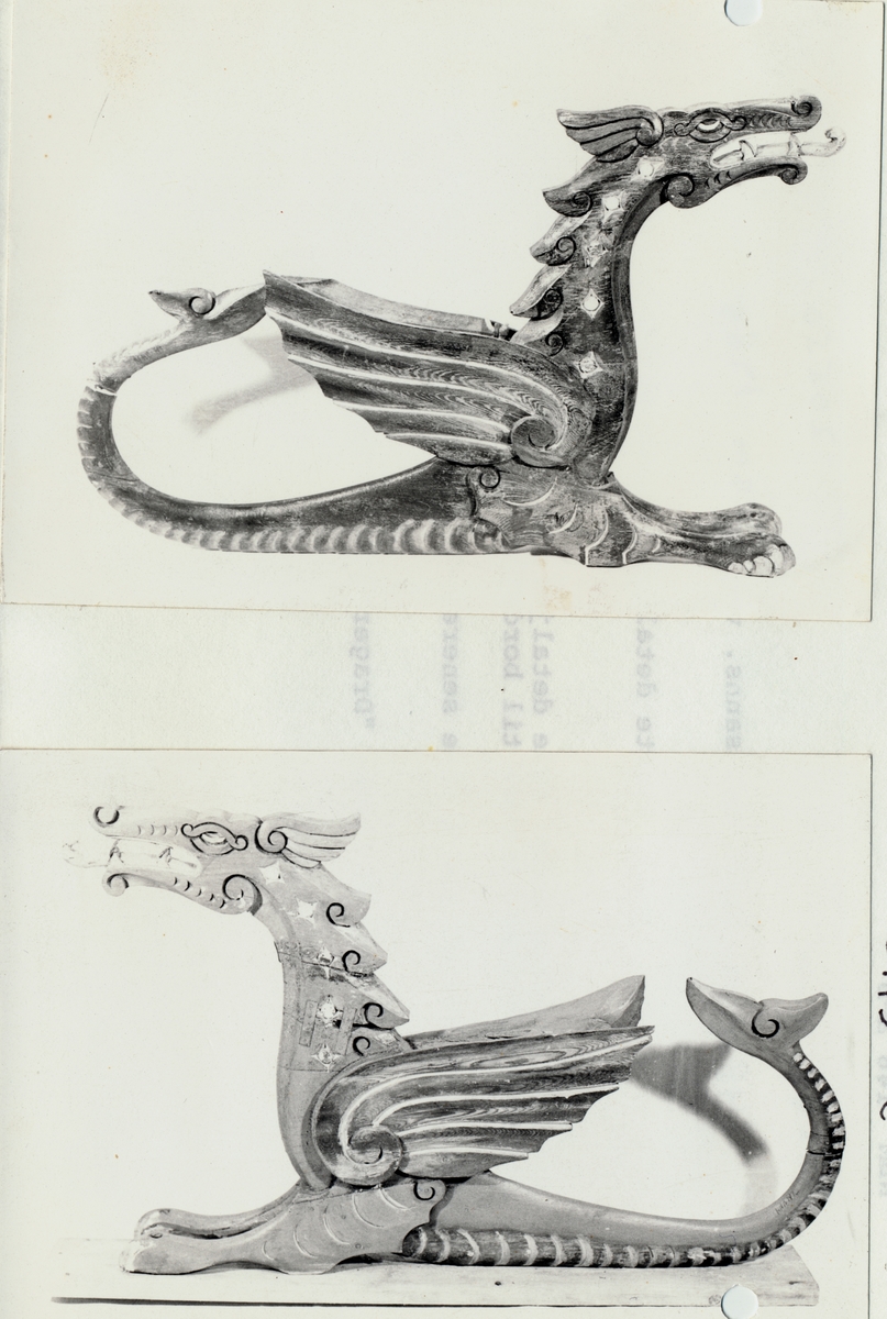 En av to skulpturer som forestiller en linnorm. Linnorm er et fabeldyr med dragehode, ørneben, flaggermusvinger og bakkropp i form av en hale med en krøll på og som ender i en pilformet spiss 
De to skulpturene er, bortsett fra farge, nesten identiske.
