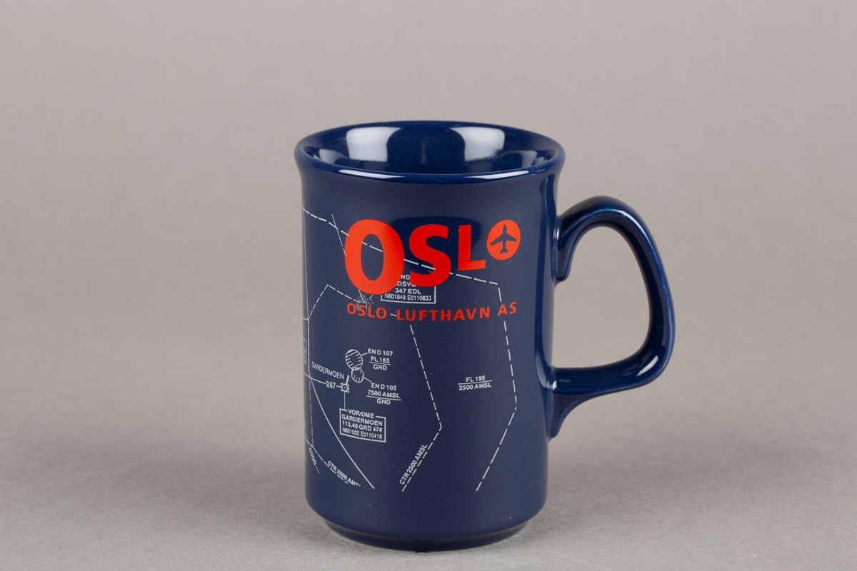 Krus med hank. OSL-logo. Utsnitt av sektorkart over luftrommet over Gardermoen.