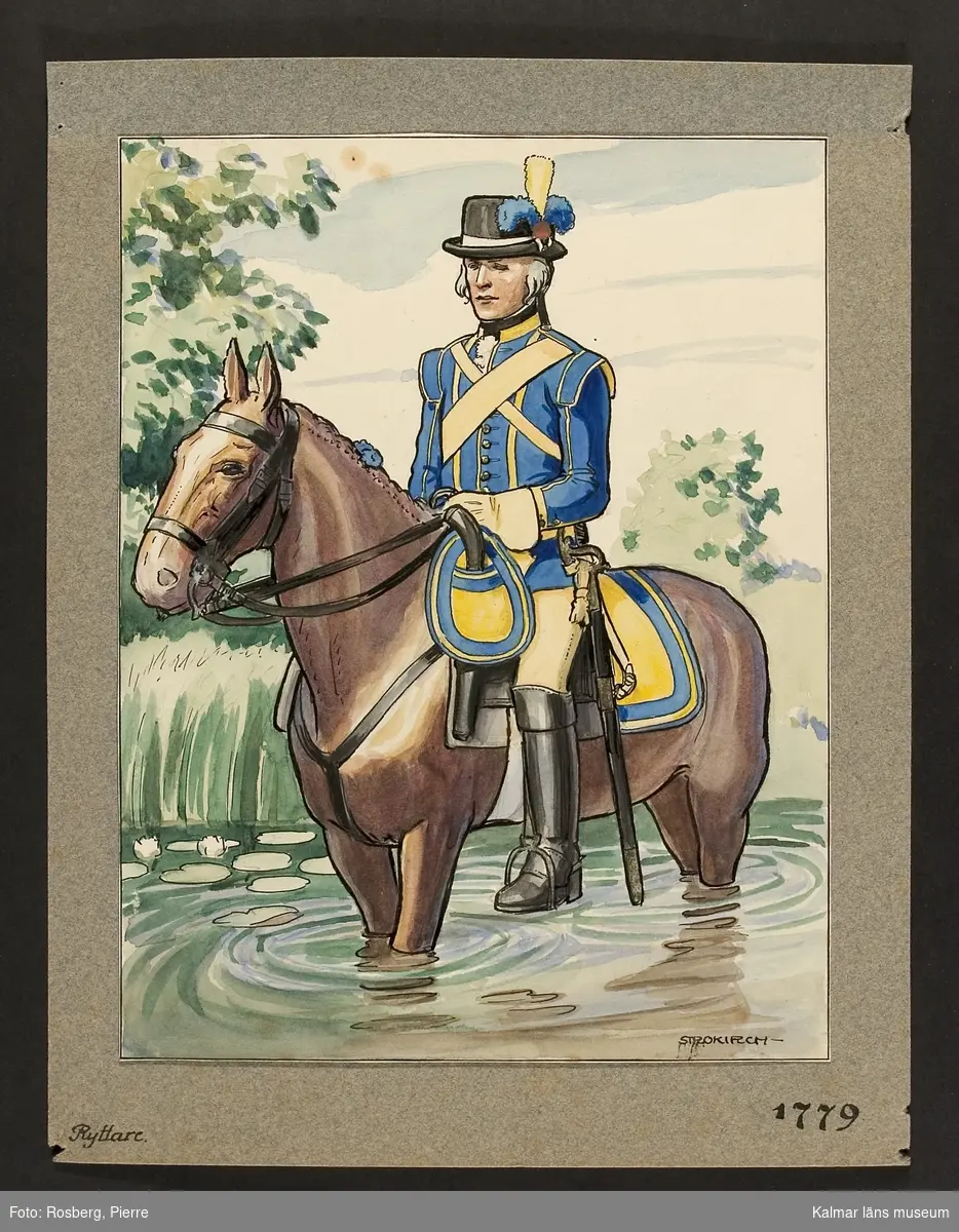 Motiv med ryttare till häst som visar utrustning, uniform och tillbehör vid Smålands husarregemente 1779.