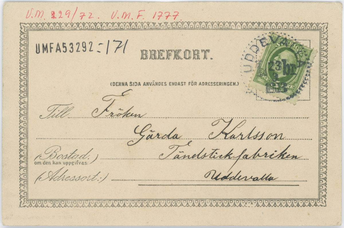 Tryckt text på vykortets framsida: "Gustafsberg badanstalt, Uddevalla."