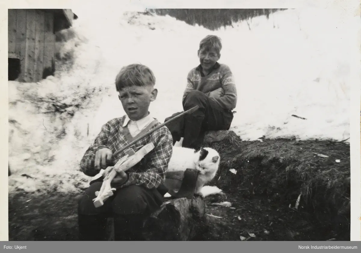 Brødrene Olav og Johan Vågen på Øst-Førnes, Møsstrond. Olav sitter med en fele laget av tre på en trestokk. Bak står en katt og lener hode mot en øks. Bak sitter johan på en stein