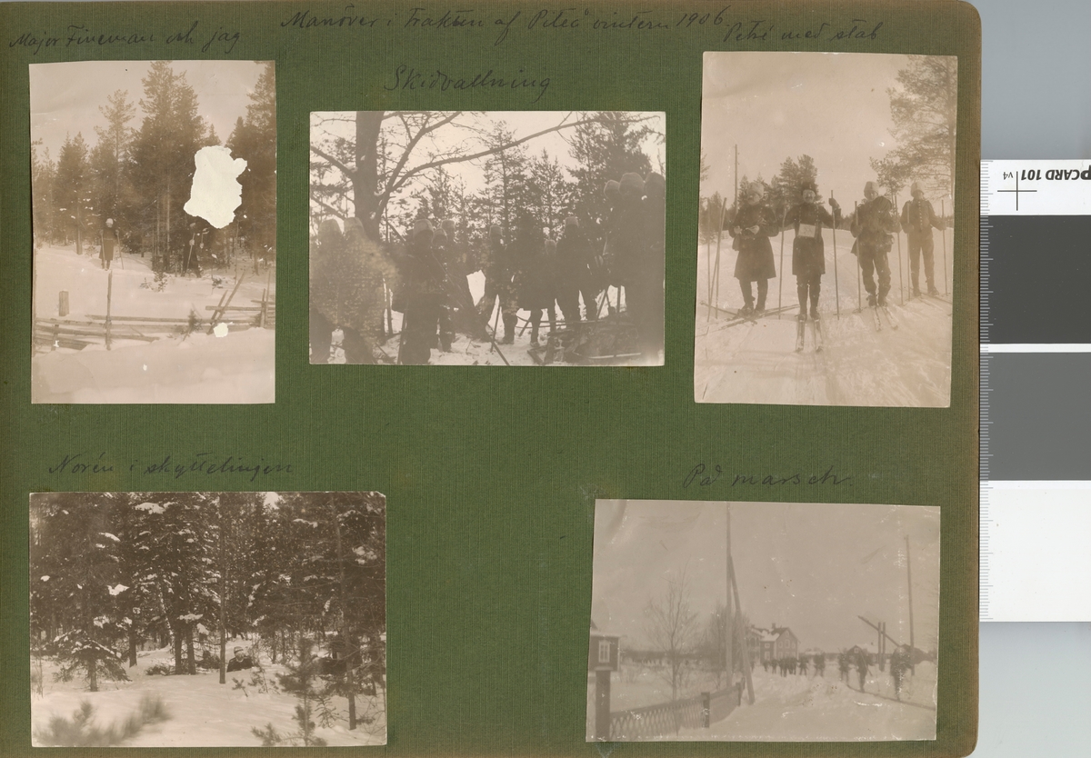 Text i fotoalbum: "Manöver i trakten af Piteå vintern 1906. Skidvallning."