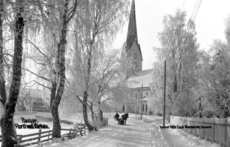 Svart-hvitt foto av rimete bjørketrær som leder ned mot Hamar Domkirke, og en hest med slede rett foran kirken.