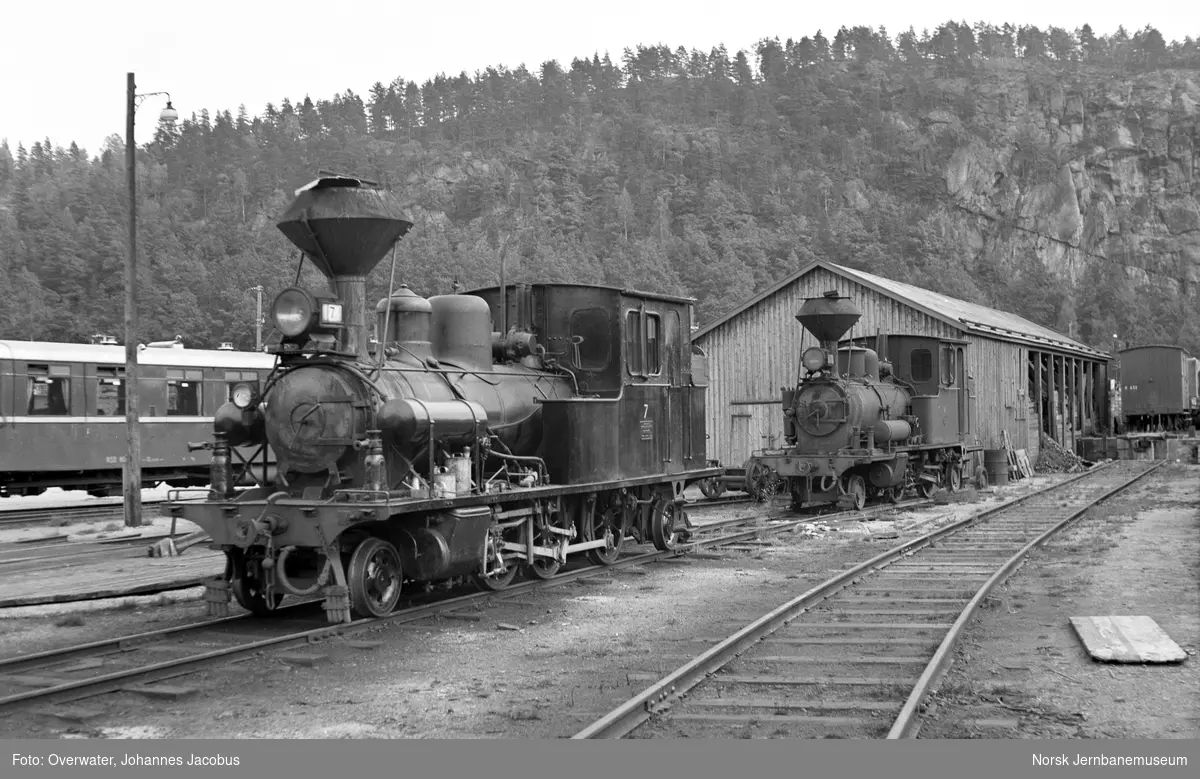 Setesdalsbanens damplokomotiv type XXI nr. 7 og type XXII nr. 6 utenfor verkstedet på Grovane stasjon