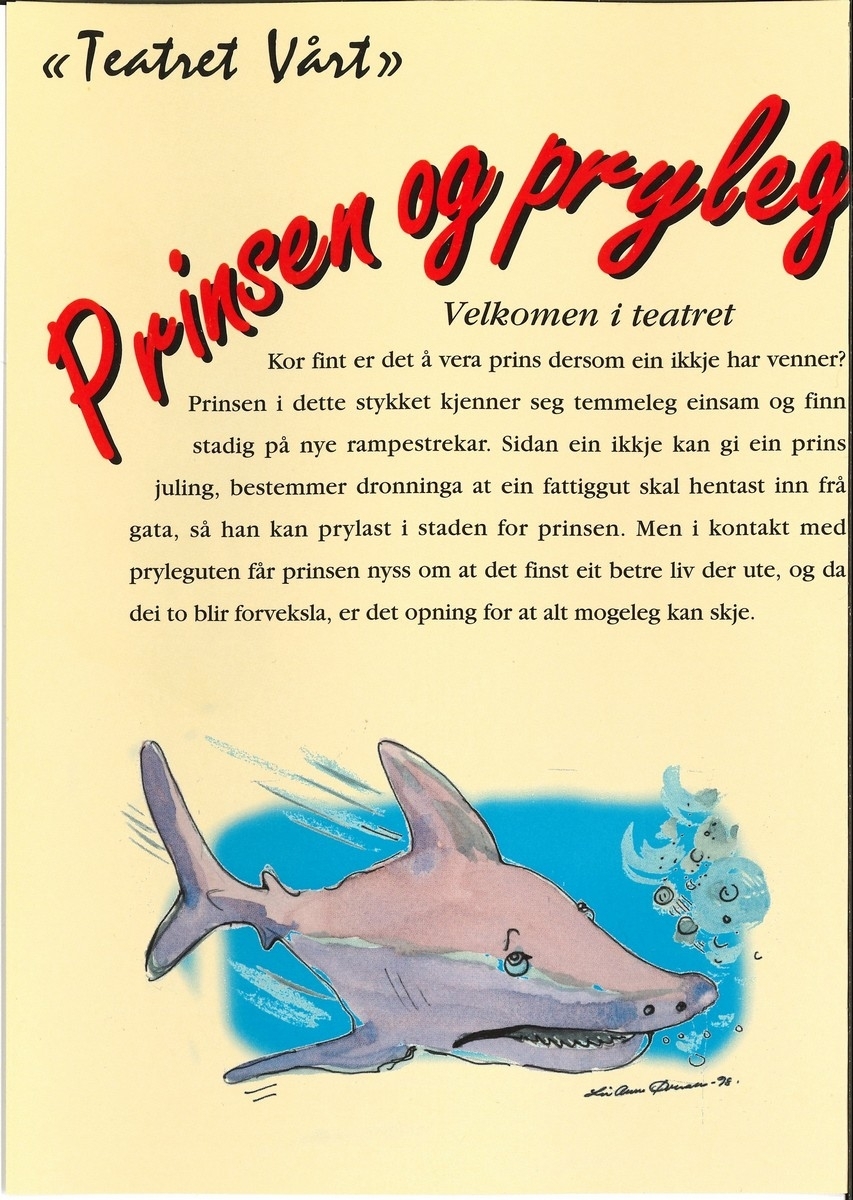 Teaterbrosjyre frå Teatret Vårt for barnemusikalen "Prinsen og pryleguten". Brosjyra er på totalt fire sider.
