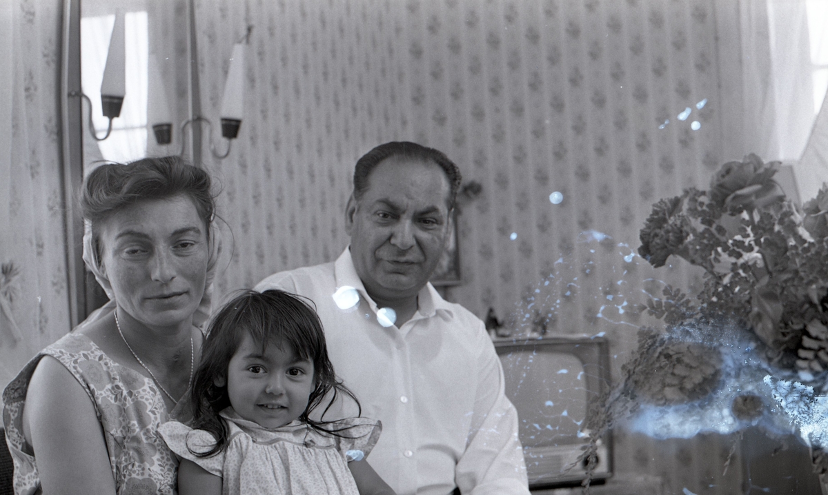 En romsk familj i sin bostad sommaren år 1963. Bilden är tagen i samband med ett nyhetsreportage för Skånska Dagbladet. I reportaget porträtteras familjen och hur de trivs med att ha blivit bofasta.