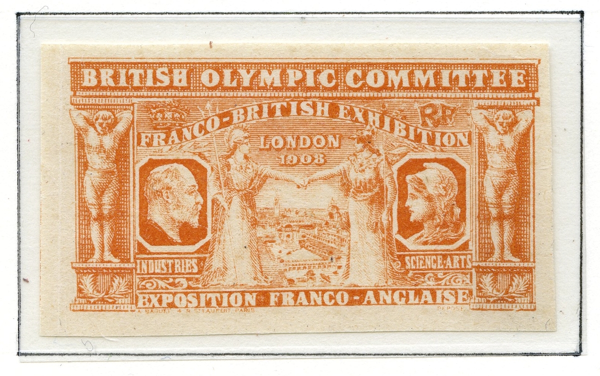 Fire frimerker montert på A4-albumside. Det første frimerket viser et portrett av Kong Edward VIII, og er stemplet i 1908. De tre andre frimerkene er rektangulære, liggende format i oransje, brunt og rødt, alle med samme motiv