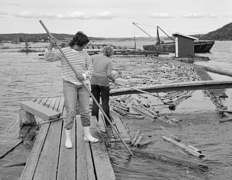 Jentene i «stompen» ved Glennetangen lenser i Glomma i Skiptvet i Østfold. De to kvinnene, Lindis Glenne (til venstre) og Trine Evensen, arbeidet fra en av flåtegangene som omgav den 4-5 meter brede «renna» der tømmeret fløt langsomt ned mot mosemaskinene nederst i lenseanlegget, der tømmeret ble buntet («moset») for buksering videre nedover vassdraget. Lindis og Trine arbeidet med langskaftete fløterhaker. Oppgaven besto i å få stokkene til å flytet langsomt nedover i lenseanlegget mot mosemaskinene. Det var uvanlig at kvinner tok seg arbeid som «lensekrabbær». I bakgrunnen lå det en lekter med stålskrog og med ei kran i akterenden.