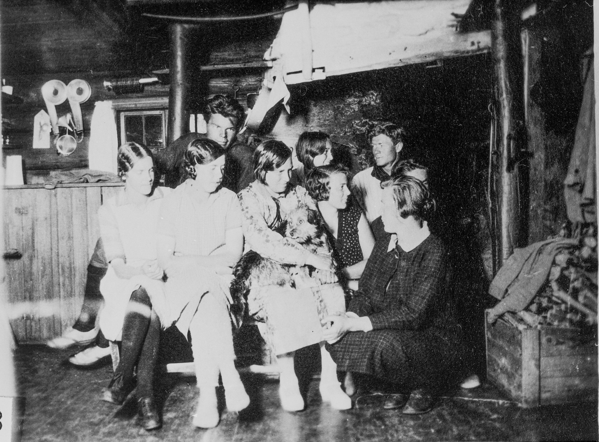 Gruppebilde ved peisen, inne på Bergshammeren seter ved Haglebu. Fra venstre: Kari Evju, Gjertrud Skålen, en herr Berntsen og Turid Stavn med hund. De andre er ukjente. Ant. 1920-årene.