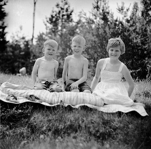 Två pojkar med bar överkropp och kortbyxor sitter med en flicka i sommarklänning på en filt på en äng. Det är sommar. Pojkarna heter möjligen Englund.