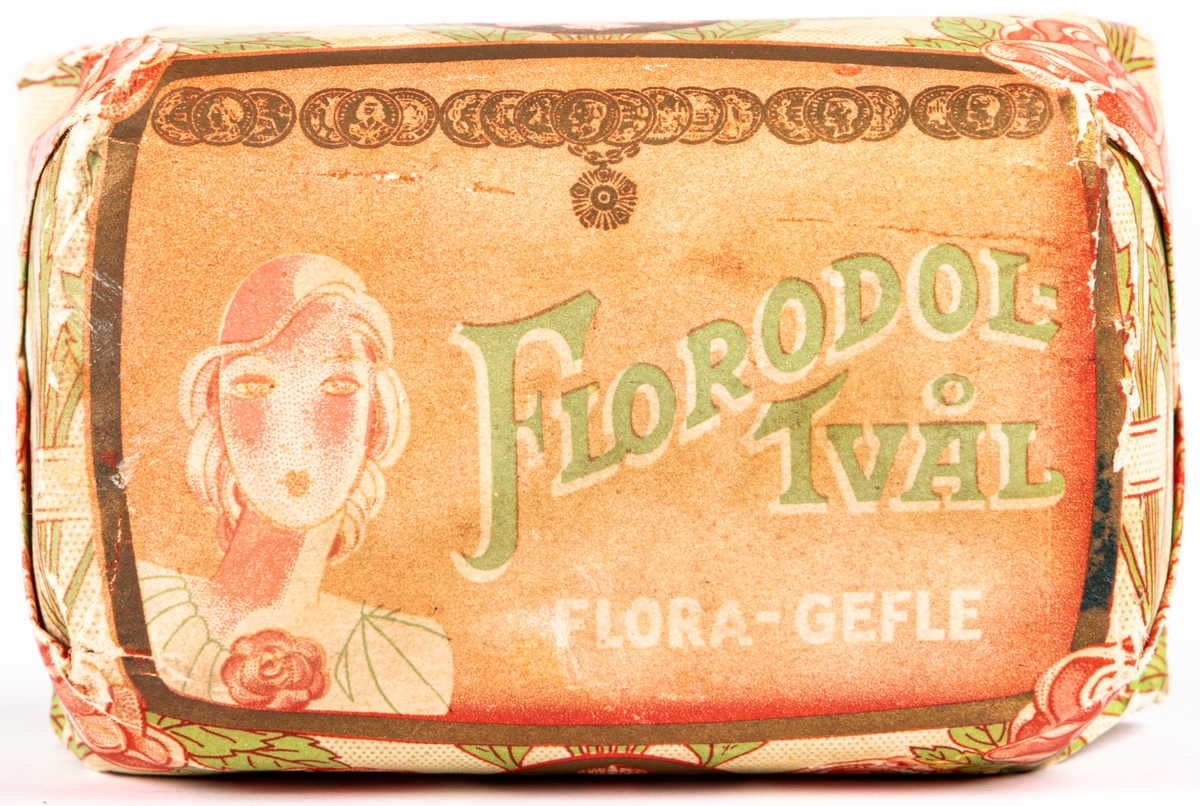 Två tvålförpackningar, säljattrapp Florodoltvål Flora Gävle.