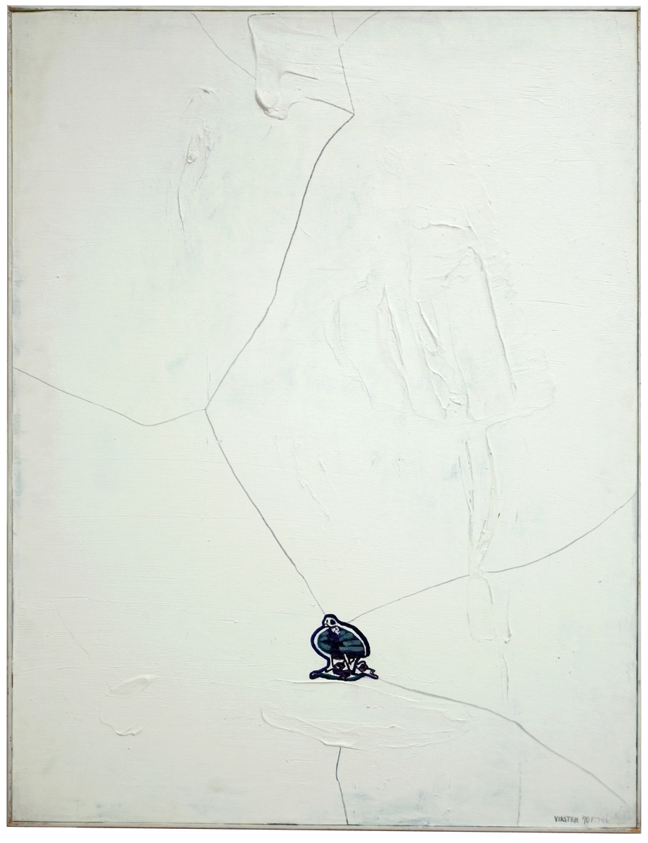 Målning på pannå av Hans Viksten. Signerad i nedre högra hörnet "Hans Viksten 70 F . 74 K". Målnngen försedd med enkel vit list. På baksidan försedd med titel "Skalet".