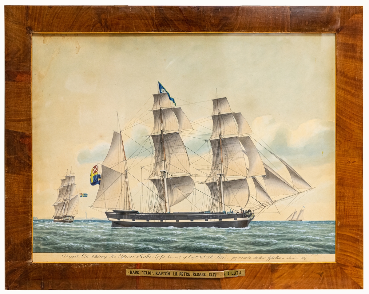 Fartygstavla, barkskeppet Clio, skeppet tillhört Elfbrink & Luth i Gefle. Akvarell inom glas och ram.