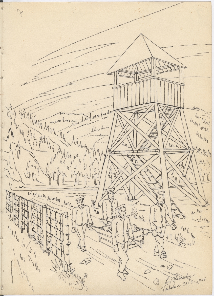 Tegning fra Falstad fangeleir, "Steinbæring". Fanger bærer stein med bærekasser ved et av leirens vakttårn, trolig like ved hovedporten. Tegninga er datert 28.03.1944, men kan vise tilbake til en tidligere situasjon (Leif Hallesby kom til leiren i desember 1942).