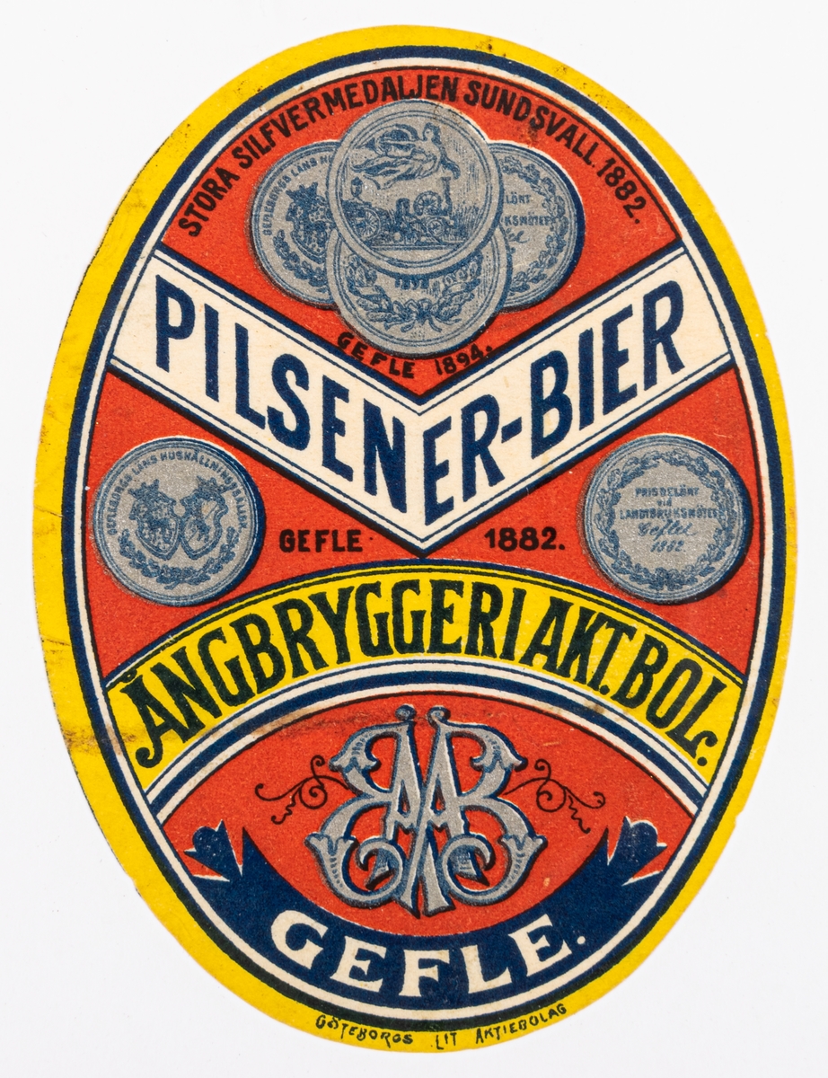 Oval öletikett: Pilsener-Bier, Ångryggeri.Akt.Bol. Gefle.
Del av samling bryggerietiketter av papper, från olika bryggerier i Gävle.