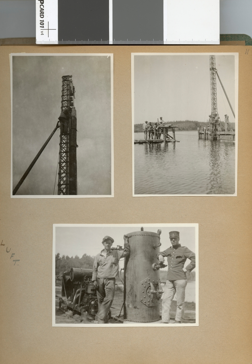 Text i fotoalbum: "Sommaren 1929. Fältbro vid Bjälmen. Tryckluft."