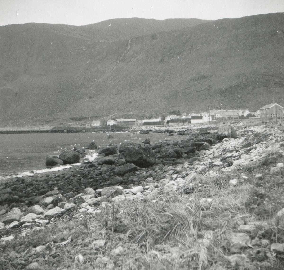 Oversiktsbilde av bebyggelse og moloen på Alnes, Godøy.