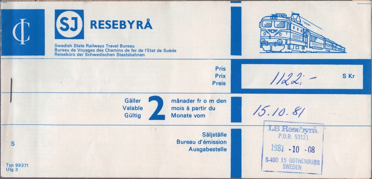 Tre biljetter i ett häfte från LB Resebyrå i Göteborg:
En biljett 1:a klass från Chartres via Paris till Kehl. Biljetten är stämplad; försäljningsställe LB Resebyrå 1981-10-08. Biljettens pris var 259 kronor.
En biljett 1:a klass från Kehl via Karlsruhe, Munchen, Bebra till Puttgarten. I övre delen till höger finns säljställets datumstämpel 1981-10-08. Biljettens pris är 690 kronor.
En biljett i 1:a klass från Puttgarten via Helsingborg till Göteborg. Biljetten är stämplad; LB Resebyrå 1981-10-08. Biljettens pris är 173 kronor med 45% rabatt för pensionär.

På baksidan finns information om att biljetter gäller i två månader från det handskrivna datumet 15.01.81. Resans totala kostnad är ihopräknad till 1122 kronor.
På baksidan finns reseinformation i blå text på franska och tyska. I ena hörnet är "Augsburg" handskrivet med kulspetspenna.