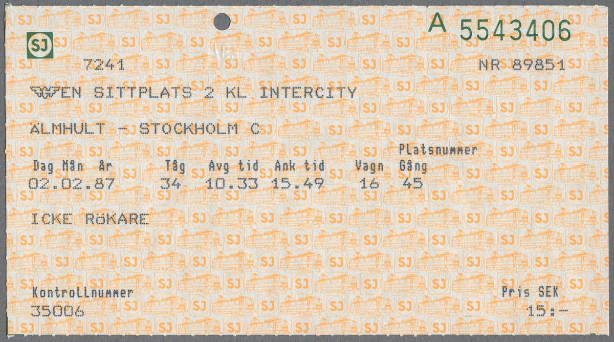 En sittplatsbiljett i 2:klass Intercity, icke rökare, för sträckan Älmhult till Stockholm C. Avgångstid är 10.33 och ankomsttid är 15.49. Priset är 15 kronor. På baksidan finns reseinformation i grön text. Biljetten är klippt.