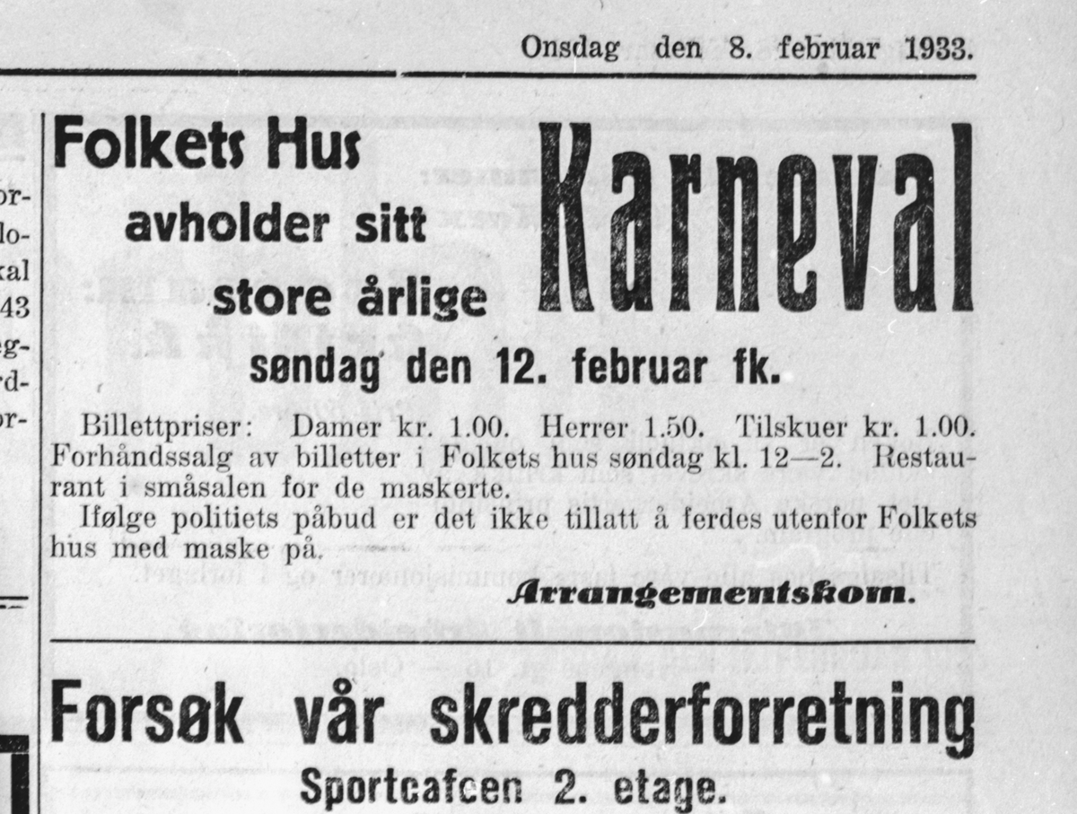 Annonse om Karneval i Folkets Hus søndag den 12. februar 1933.