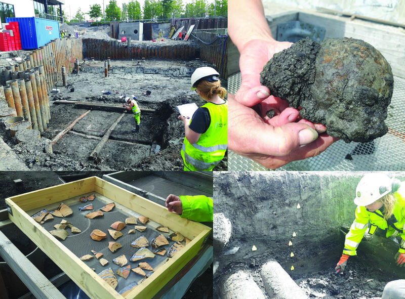 Noen øyeblikksbilder fra utgravningen i Bispekilen, som foregikk i mai og juni: Bryggefundamenter, kulturlag og keramikk. Oppe til høyre; kanonkule i jern med korrosjon, funnet i kulturlag fra 1500-tallet.
