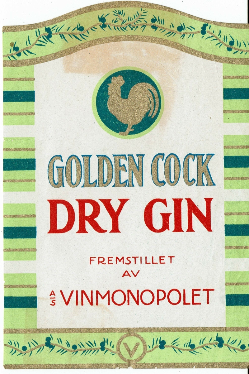 Golden Cock Dry Gin. Fremstillet av A/S Vinmonopolet.