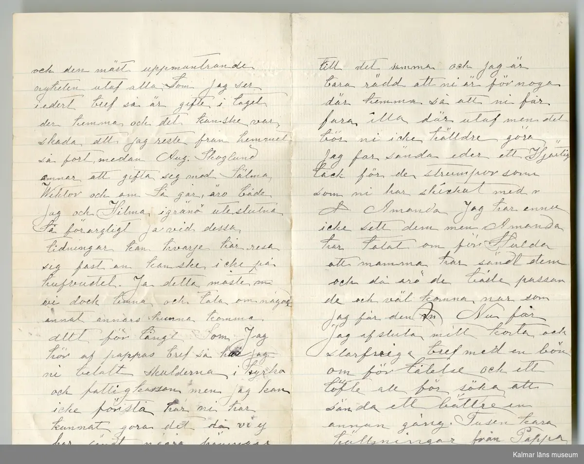 KLM 46424:1. Brev. Brev av linjerat papper, handskrivet på fyra sidor. Brevet är skrivet från sonen Carl till hans moder. Brevet är daterat: San Francisco den 3 Juni 1889.