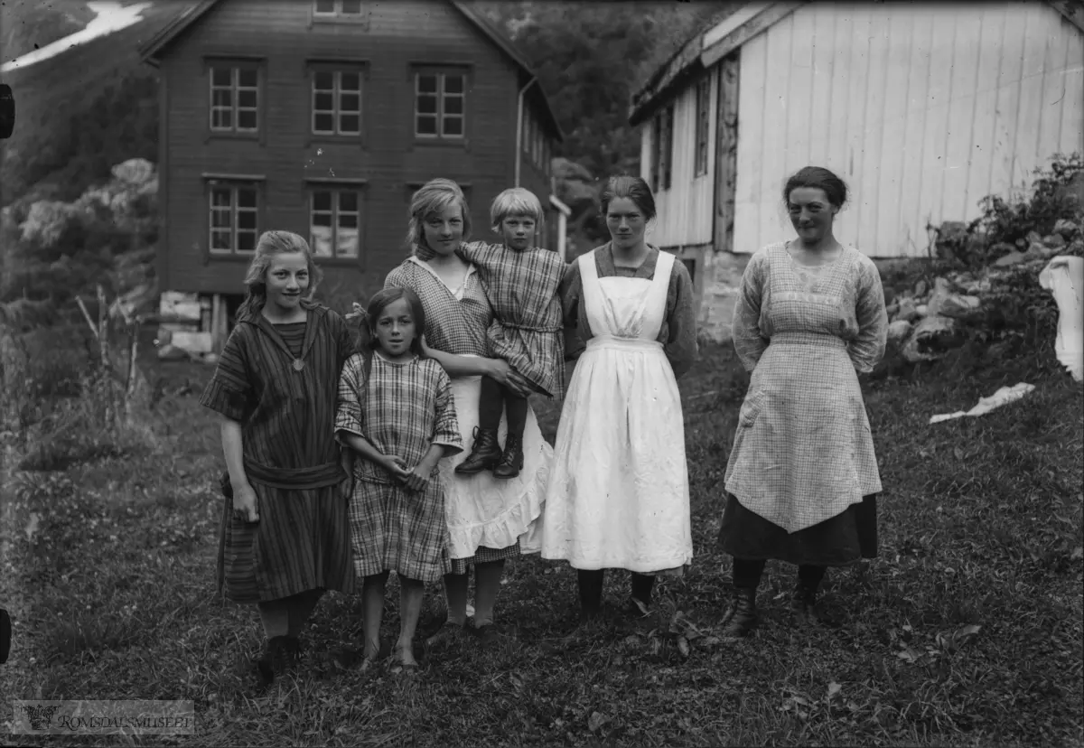 Hoem, Eikesdal 1921-23. .På denne tida forpakta Aslak E. Frisvoll og Gjertrud Frisvoll f. Vike Hoem-garden og dreiv med geit. Det er deira familie på bildet..Bak står hovudhuset på gnr. 82/1 og t.h. Osthuset (ysteriet).