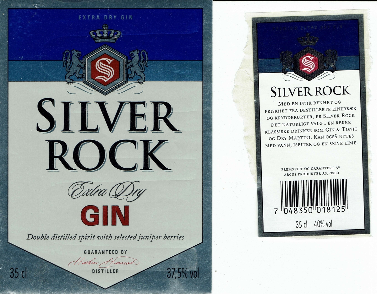 Silver Rock Extra Dry Gin.  37.5% vol. Produsert og garantert av Arcus produkter AS, Oslo. 