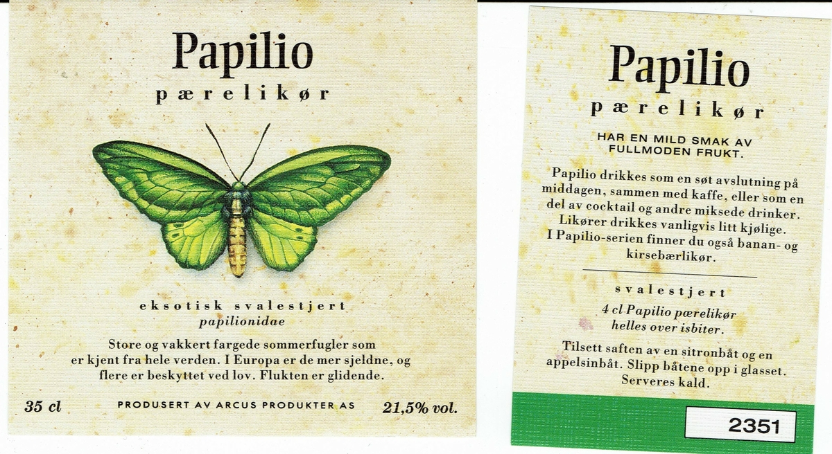 Papilio pæreliikør  21.5% vol. Produsert av Arcus Produkter AS. 