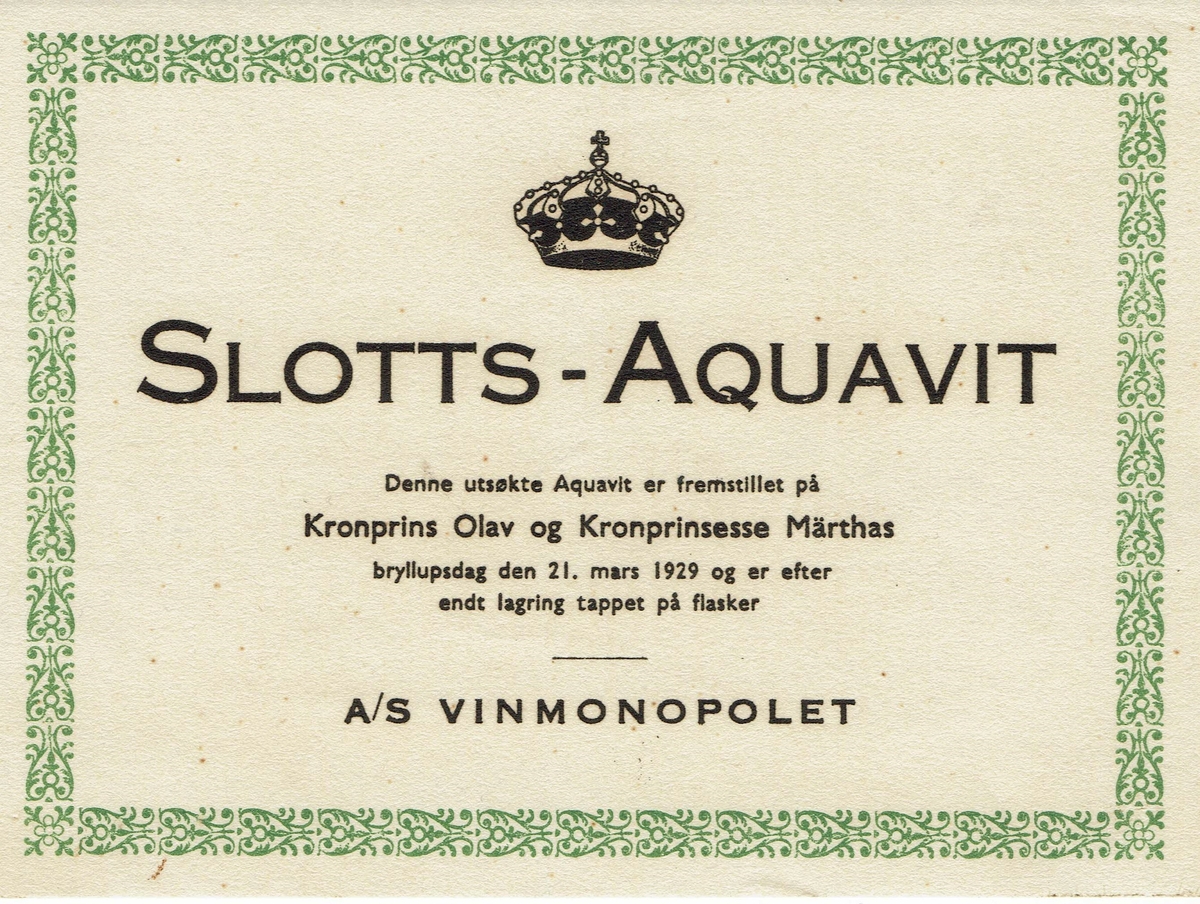 Slotts-Aquavit. A/S Vinmonopolet. 