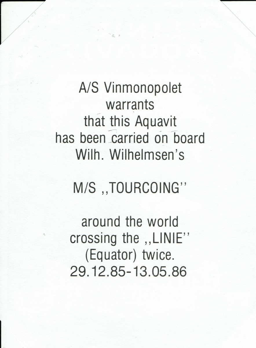 Løitens Linie Aquavit. 1986. Med varemerke og medaljer. A/S Vinmonopolet. Forside- og baksideetikett. 