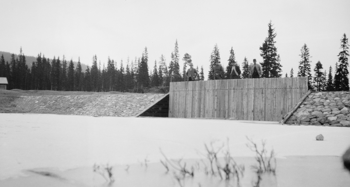 Den nordre Slemdammen, ved utløpet av Nordre Slemsjøen i Åmot i Hedmark, fotografert i 1921. Bildet er tatt fra «vannsida», skrått mot damløpet, som var stengt ved hjelp av «nåler». Dette var planker, som var stukket ned, tett i tett, på motstrøms side av dambrua, med anlegg mot en terskelstokk i botnen av damløpet og kanten av brua. Nålene dannet en vegg som gjorde det mulig å bygge opp et vannreservoar for tømmerfløtinga på motstrøms side av dammen. Damarmene, i forlengelsen av de steinfylte tømmerkistekarene ved damløpet lagd av jord og grus, men sida mot dammen var forblendet med steinheller, som skulle forebygge erosjonsskader. Vedtak om bygging av ny dam på dette stedet ble sannsynligvis gjort under et møte i den lokale tverrelvforeningen i mars 1920.