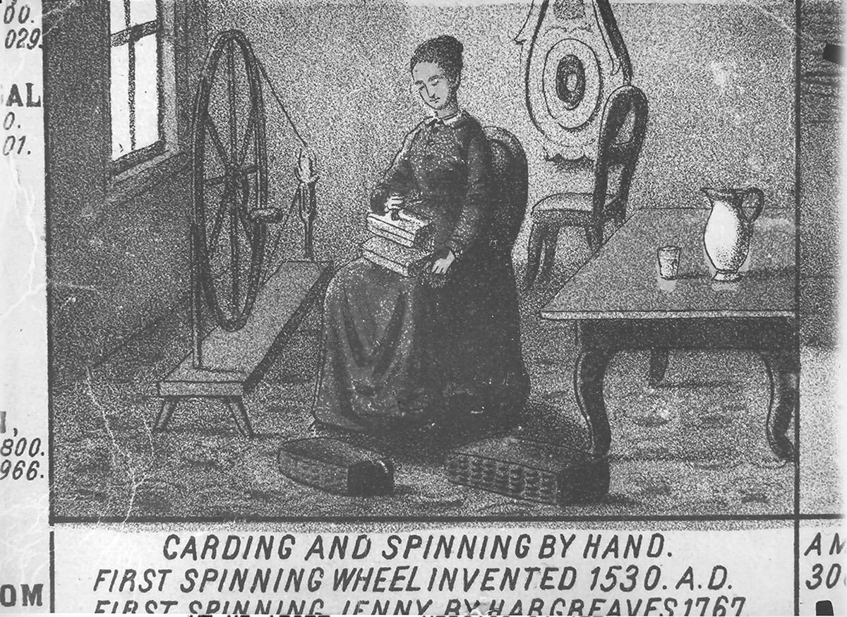 Konv:  Knud Graah  tekst på bildet: Carding and spinning by hand. First spinning wheel invented 1530.A.D.First spinning Jenny by hargreaves,1767