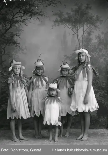 Ateljefoto av fem flickor utklädda till blåklockor. Bildbeställare: fru Lind, Daligatan 5, Borås.