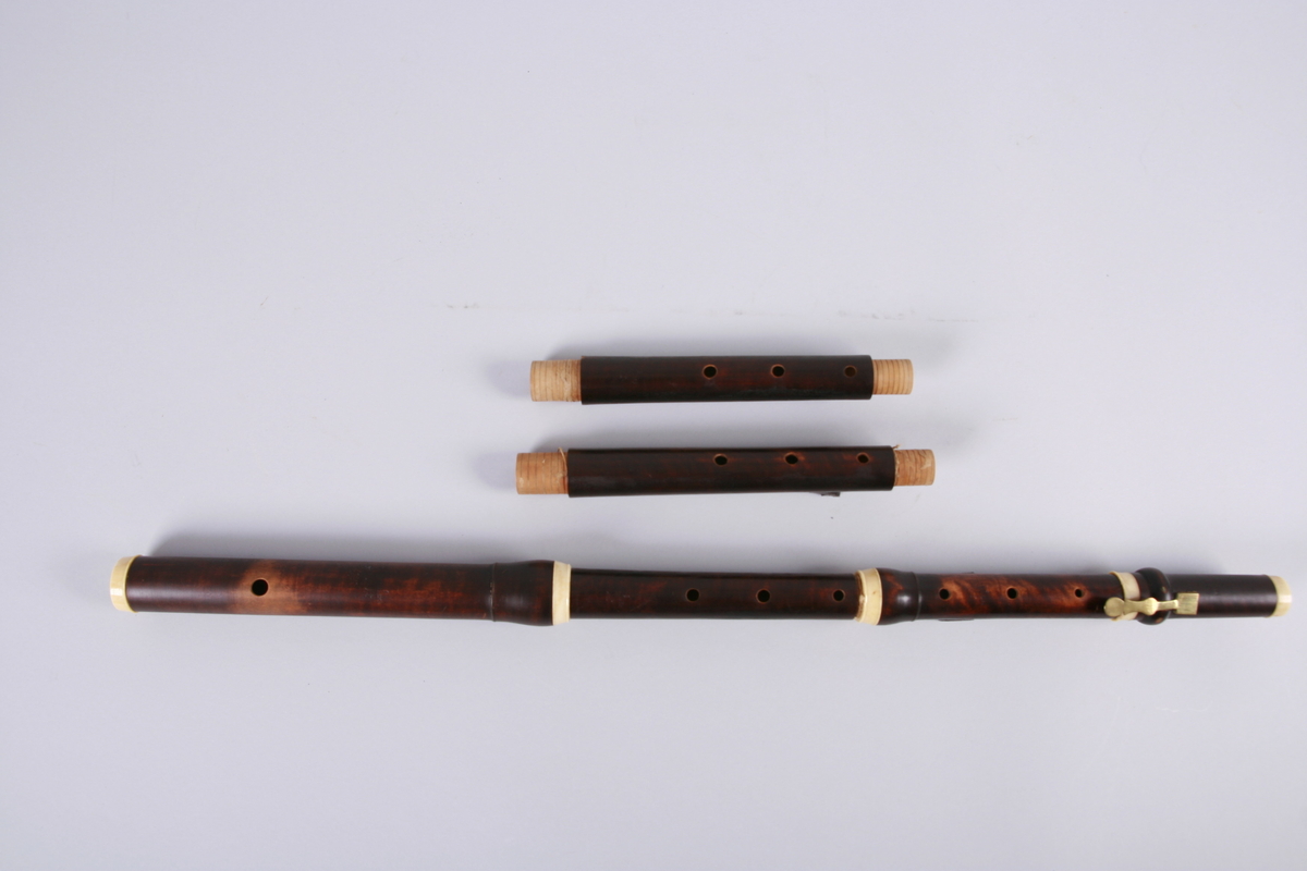 Tverrfløyte i seks deler. 6 hull og en klaff. Fløytens midtstykke kan skiftes ut etter behov.  