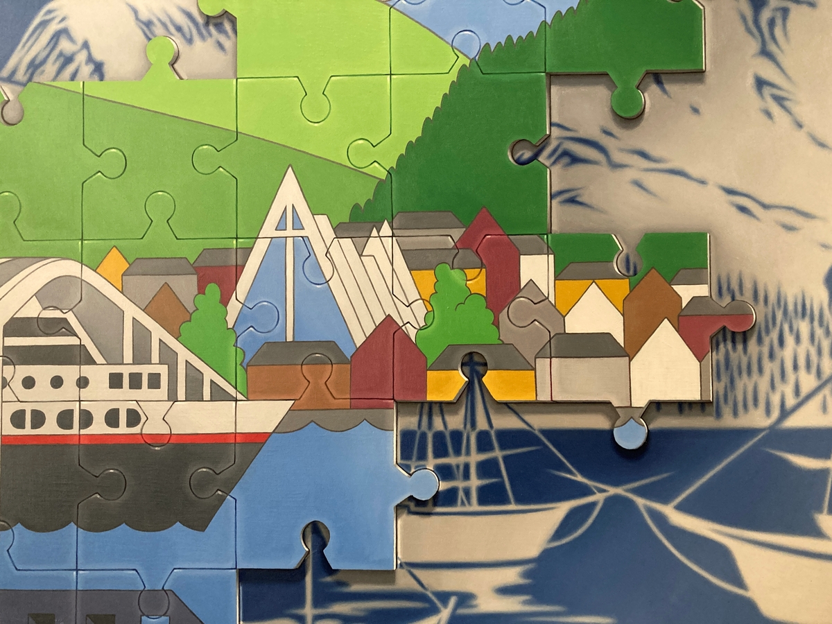 Et maleri som på besnærende vis knytter sammen Tromsøs fortid og nåtid. Det underste laget viser byen på 1890-tallet og øverste lag viser Tromsø i dag.
