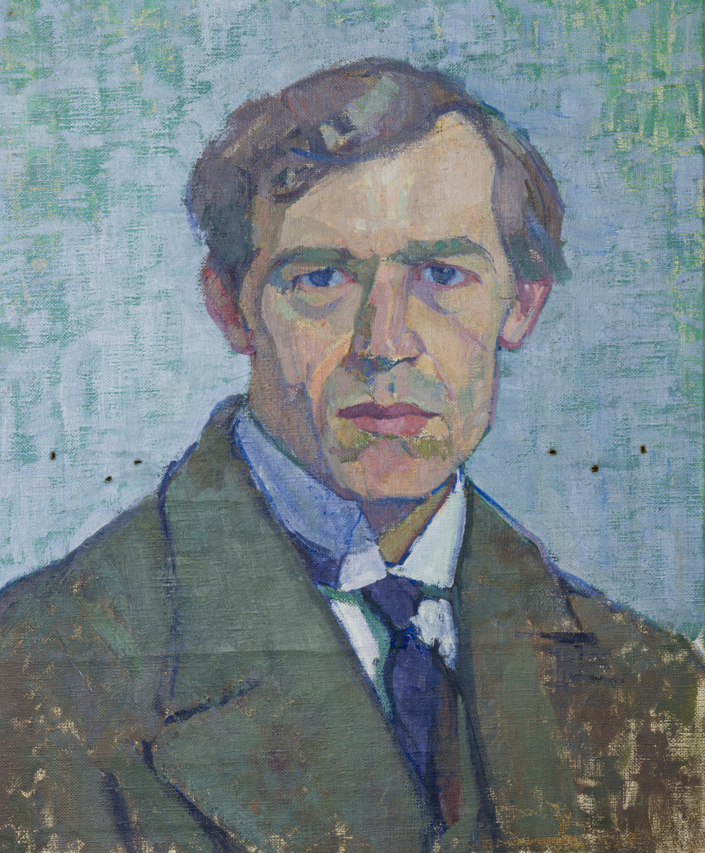 Portrett av mann (trolig Anders Jönsson) med dressjakke, hvit skjorte og slips. 