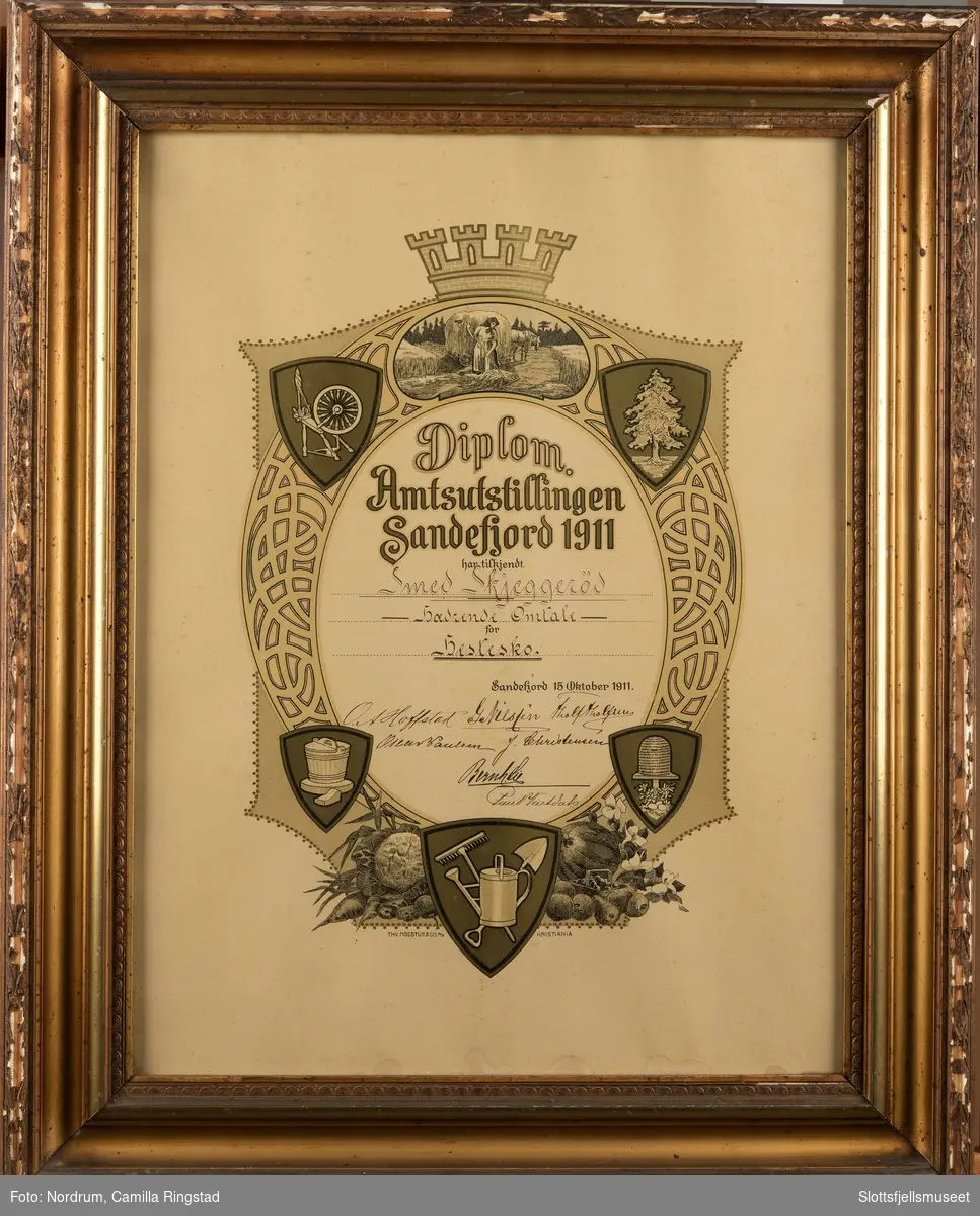Trykt diplom i brunt/beige/gull. Amtsutstillingen Sandefjord 1911