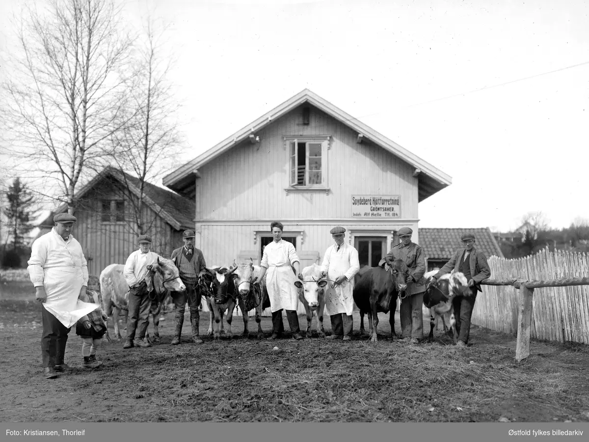 Alf Johansen Helle kom fra Fredrikstad til Spydeberg i 1922 og kjøpte Fredheim, der han startet kjøttforretning i 1923. På skiltet står det "Spydeberg kjøttforretning og Grøntsaker. Indeh. Alf Helle". Byttet seinere navn til Brødrene Helle, da de tre eldste sønnene overtok. Alf Helle står helt til venstre.