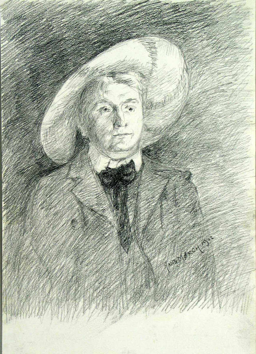 Portrett av en mann iført vidbremmet hatt.