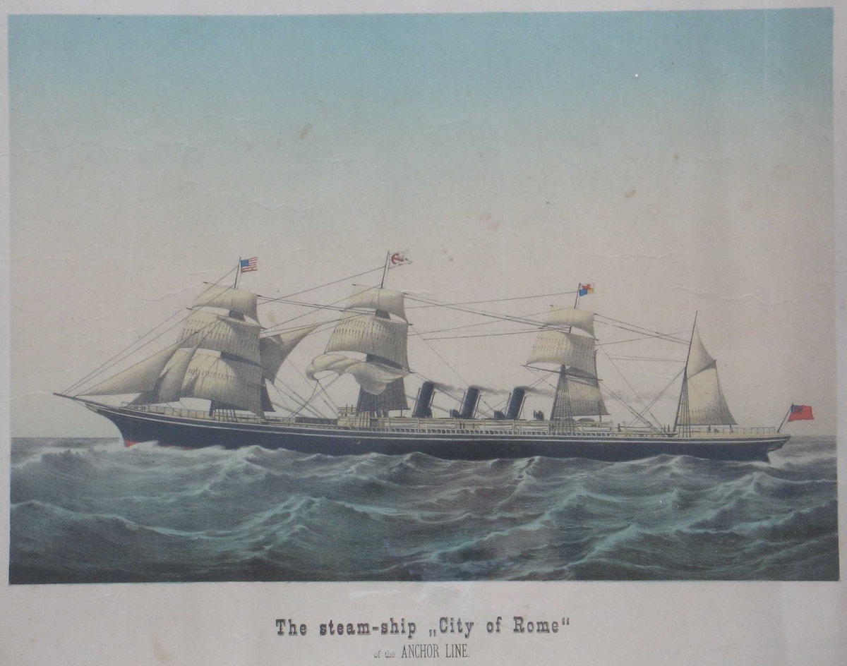 Dampskip med seilskuterigg, som en firemastet bark, og tre skorstener. Skipet fører engelsk flagg akter, og amerikansk flagg i formasten. Skipets navn og linje i undertekst.