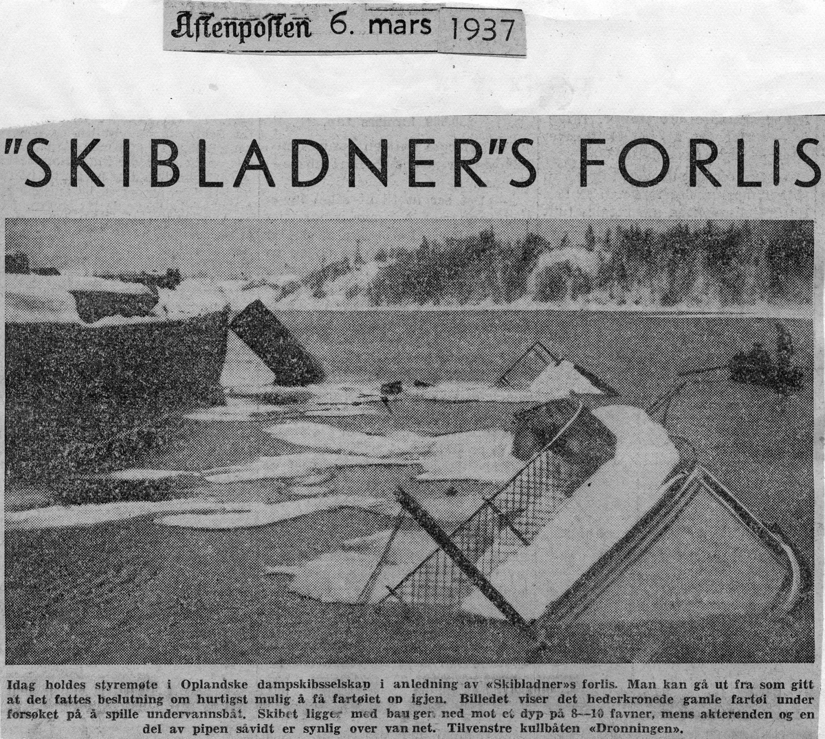 Skibladners forlis. Avisoppslag fra 6. mars 1937.